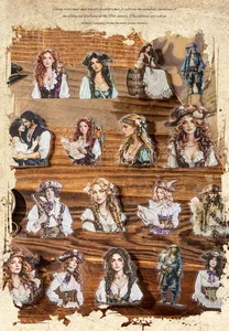 Close-up of vintage pirate themed PET stickers with detailed maritime illustrations