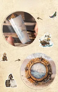 Macro shot of waterproof PET nautical stickers with vintage ship and diving themes
