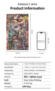 Detail van DECO SCENE DIY PET-stickers met maattabel en smartphone schaalreferentie