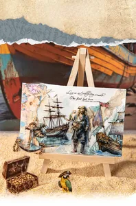 Close-up of vintage ocean-themed 3D stickers with sailboat and pirate motifs for journaling