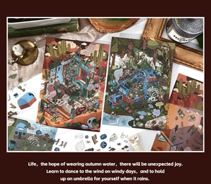 Artistic detail of fantasy 2.5D scenery stickers with ruins and cactus on vintage desk
