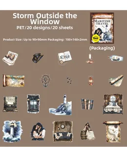 Flat lay of nautical PET stickers featuring vintage lighthouses, maps, and telescopes