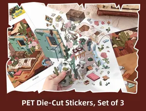 Detail van PET 2.5D landschap stickers met vintage avontuur motieven voor scrapbooks