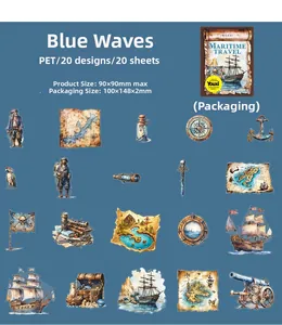 Detailed view of 20pcs vintage nautical PET stickers featuring pirate ships and compasses