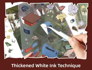 Detail van sticker met dikke witte inkt, bloemenpatroon en transparante achterkant