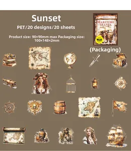 Macro layout of vintage nautical PET stickers including maps, compasses and pirate ships