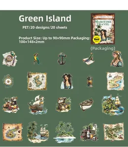 Macro view of 20 nautical PET stickers including pirate ships and compass patterns
