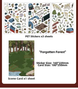 Detail van DIY-scènestickers met PET-bosruïnes, planten en achtergrondkaart