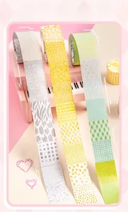 Dettaglio di nastro washi con motivi geometrici e cuori su un modello di pianoforte rosa