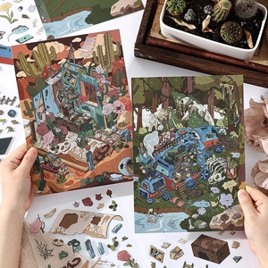 Miniature Scene Stickers 2.5D Retro PET Handbook Decoration Stickers For DIY Scrapbooking Journaling Artistic Scrapbook Material Stickers