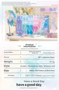 Detailed view of watercolor PET stickers set including product dimensions and specifications