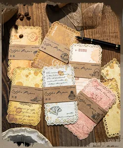 Vintage coffee themed lace decorative paper set for scrapbooking on wood background