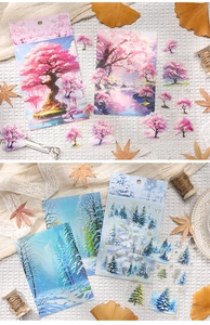 Detail of 4pcs nature series scrapbooking stickers with gold foil and tree scenery design