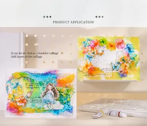 Close-up of watercolor scrapbook stickers with hand-drawn girl, flowers, and butterfly motifs