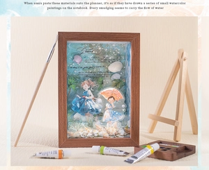 Macro detail of watercolor shell artwork inside a dark wood DIY shadow box frame