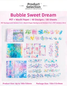 Detail of 80pcs watercolor bubble PET stickers showing packaging and artistic patterns