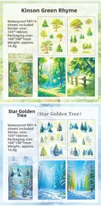 Detail view of four-pack waterproof PET forest and golden tree landscape stickers