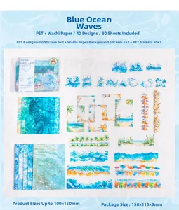 Macro view of blue ocean theme scrapbook stickers with PET material and seaside patterns