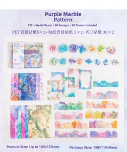 Detail of purple marble themed PET stickers and watercolor background paper pack