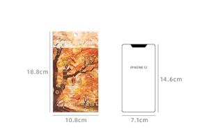 Size comparison of autumn forest gold stickers set against iPhone 12 outline