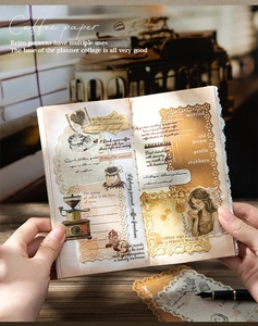 Close-up of vintage lace hollowed-out paper for DIY scrapbooking and coffee theme collage