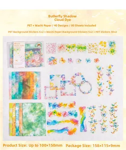 Flat lay of 80 vintage butterfly and floral scrapbooking stickers in PET and washi paper