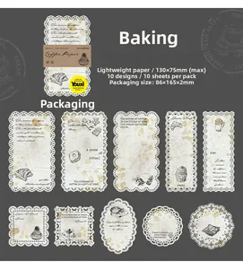 Detailed macro view of 10 vintage lace paper scraps featuring retro bakery dessert motifs