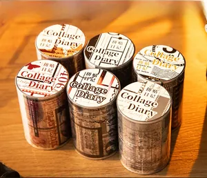 Detail view of 6 vintage PET collage tapes featuring retro film frames and newspaper patterns