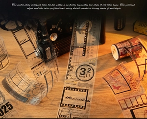 Macro detail of PET tape showing vintage film frame patterns and golden month indexes