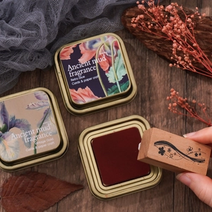 Retro ink pad set in vintage metal tins with wooden floral stamp for paper craft art