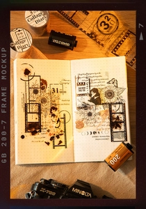 Detail of film frame PET tape with vintage camera and collage diary stickers for journaling