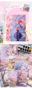 Dettaglio macro di carta per scrapbooking acquerello vintage con ragazza anime e treno