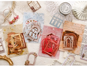Dettaglio di carta per scrapbooking vintage con cornici di finestre e motivi floreali