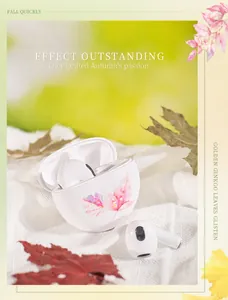 Detail of white wireless earbuds with autumn maple leaf pattern on the charging case