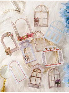 Dettaglio di carta decorativa vintage a forma di finestra con fiori per scrapbooking DIY
