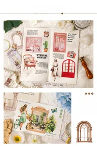 Vista macro di adesivi vintage per scrapbooking con motivi di finestre e fiori retrò