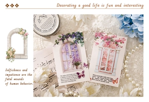 Dettaglio di adesivi floreali vintage con lillà e fiori di ciliegio per scrapbooking