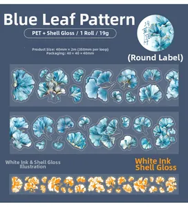 Makro-Detail von blauem Ginkgo PET-Klebeband mit Perlglanz-Finish und Weißtinten-Druck