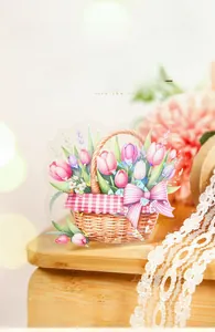 Macro detail of floral basket PET stickers with tulips and ribbons for DIY journaling