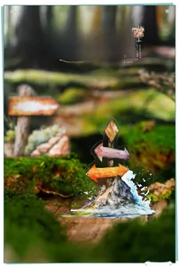 Detailed view of PET travel sign stickers with watercolor style on a mossy log