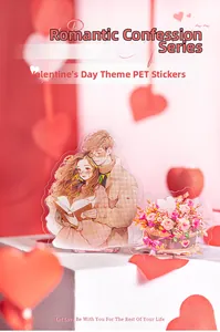 Detail view of Valentine's Day PET stickers with romantic couple and flower basket designs