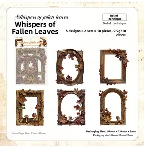 Detail of 3D embossed vintage leaf and mushroom wooden frames for scrapbooking