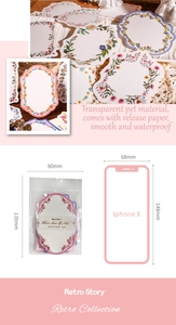 Detail view of retro floral PET stickers showing waterproof material and transparent texture