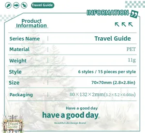 Detailed Travel Guide PET sticker specifications showing 15 pieces in forest theme