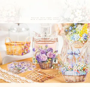 Detail of PET floral stickers with double white ink on glass bottle decoration