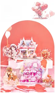 Close-up of romantic Valentine's stickers with pink glitter hearts and cute bears