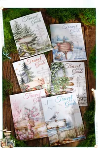 Detailed flat lay of Travel Guide series PET stickers with diverse nature landscape designs