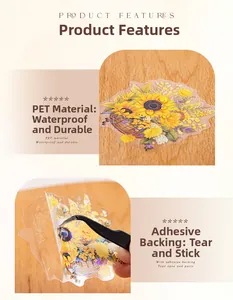 Close-up of waterproof PET sunflower stickers being applied with tweezers on wood