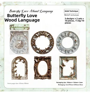 Macro detail of vintage embossed wooden frame stickers with butterfly relief and floral accents