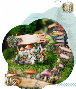 Detailed PET sticker showing forest squirrel, mushrooms, and vintage wood sign motifs